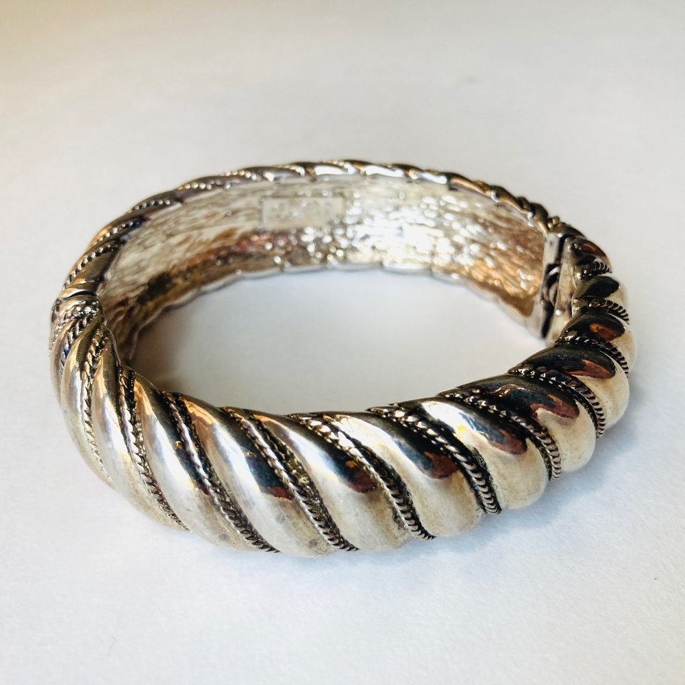 Vintage Signed St John Silver Hinged Bangle Bracelet Designer Runway  Chunky